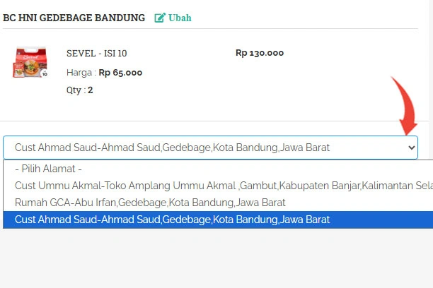 Pilih alamat konsumen